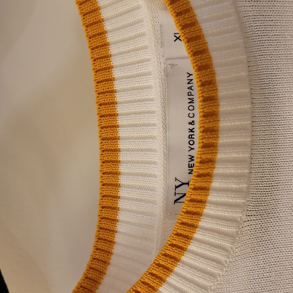 Just reduced! New York&Company Mustard and White Short Sleeve Sweater and Skirt - Picture 4 of 8